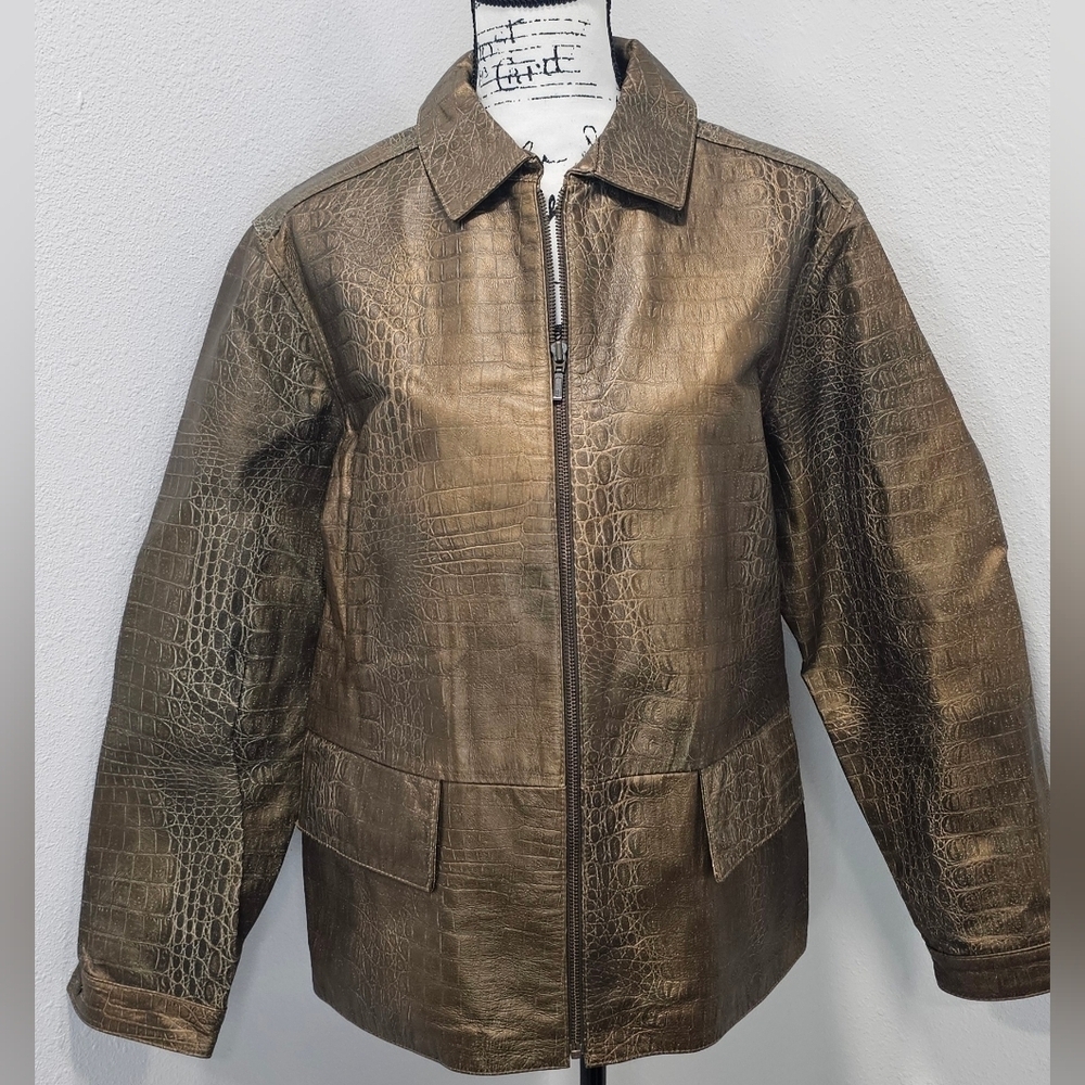 CHICO'S Womens 100% Leather Metallic Reptil Print Zip Front Pockets Jacket Sz 2